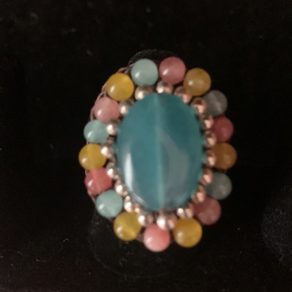 Gorgeous Vtg Teal Stone with Silver & Multicolored Stone Beads Adjustable Ring - Picture 5 of 5